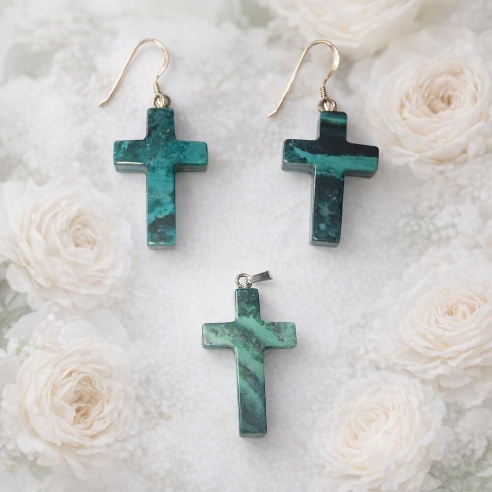 Malachite Sterling Silver Cross Pendant & Earrings Set Natural Green Stone